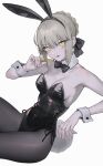  1girl :q animal_ears artoria_pendragon_(fate) black_bow black_bowtie black_leotard black_pantyhose bow bowtie breasts cleavage closed_mouth collarbone cowboy_shot detached_collar dot_nose fake_animal_ears fake_tail fate_(series) food french_fries from_side grey_hair hair_between_eyes hair_bow hair_bun highleg highleg_leotard highres holding holding_food large_breasts leotard looking_at_viewer nipi27 pantyhose rabbit_ears rabbit_tail side-tie_leotard simple_background smile solo tail tongue tongue_out traditional_bowtie v-shaped_eyebrows white_background white_wrist_cuffs wrist_cuffs yellow_eyes 
