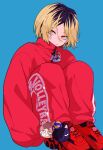  1boy black_hair blonde_hair blue_background charm_(object) closed_mouth full_body haikyuu!! highres jacket knees_up kozume_kenma male_focus multicolored_hair nasi_w2 pants red_footwear red_jacket red_pants red_track_suit shoes short_hair simple_background sitting sneakers solo two-tone_hair yellow_eyes 