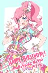  1girl :d blue_bow blue_eyes bow character_name cowboy_shot dolldolldd hair_ornament hand_on_own_hip hand_up happy_birthday heart heart_hair_ornament highres idol_clothes jacket kiratto_pri_chan long_hair looking_at_viewer momoyama_mirai open_hand open_mouth pink_hair pink_skirt plaid plaid_jacket ponytail pretty_series puffy_short_sleeves puffy_sleeves short_sleeves sidelocks skirt smile solo standing wrist_cuffs 