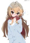  1girl absurdres aisaka_taiga blush brown_eyes closed_mouth coat hair_between_eyes hand_in_pocket highres light_brown_hair long_hair long_sleeves looking_at_viewer red_scarf revision scarf simple_background smile solo toradora! twitter_username upper_body white_background white_coat white_gorilla_(okamoto) winter_clothes 