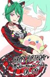  1girl =_= animal_ear_fluff animal_ears black_jacket black_shirt blush_stickers breasts cat_ears character_name cleavage dolldolldd drooling green_hair happy_birthday highres holding holding_stuffed_toy idol_clothes jacket jewelry kiratto_pri_chan looking_at_viewer medium_breasts midorikawa_sara mouth_drool multiple_views necklace open_mouth pink_eyes plaid plaid_skirt pretty_series red_skirt revision shirt short_hair skirt smile standing stuffed_animal stuffed_toy 