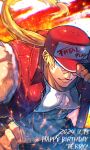  2024 black_gloves blonde_hair blue_eyes dated fatal_fury fatal_fury_cap fingerless_gloves gloves happy_birthday highres jacket light_smile long_hair muscular muscular_male p_(sp_grmow) pectorals ponytail red_headwear red_jacket shirt sleeveless sleeveless_jacket sleeveless_shirt terry_bogard the_king_of_fighters 