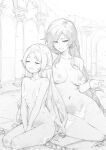  2girls :3 absurdres bath blush braid breasts closed_mouth collarbone column_lineup completely_nude fkscrashing flamme_(sousou_no_frieren) frieren greyscale hand_on_another&#039;s_shoulder highres indoors looking_at_another medium_breasts monochrome multiple_girls navel nipples nude pointy_ears sidelocks signature single_braid sitting sketch small_breasts sousou_no_frieren 