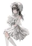  1girl absurdres alternate_costume black_hair blush bonnet bouquet bow bride c-ms_(girls&#039;_frontline) chin_strap collarbone commission detached_sleeves dot_nose dress elbow_gloves eyebrows_hidden_by_hair flower frilled_bonnet frilled_dress frills girls&#039;_frontline gloves grey_eyes highres holding holding_bouquet kumagai_yuka long_hair looking_at_viewer ribbon sample_watermark see-through see-through_sleeves smile solo thighhighs watermark wedding_dress white_background white_bow white_dress white_flower white_gloves white_headwear white_ribbon white_theme white_thighhighs 