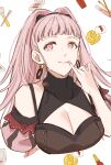  1girl bare_shoulders breasts cleavage commentary_request fire_emblem fire_emblem:_three_houses hand_up highres hilda_valentine_goneril kh_(tanakananataka) large_breasts long_hair looking_at_viewer pink_eyes pink_hair pinky_out puffy_sleeves smile solo upper_body white_background 