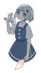  1girl blue_dress blue_eyes blunt_bangs blunt_ends borrowed_character bright_pupils buttons closed_mouth commentary_request cropped_legs dress expressionless grey_hair grey_shirt hammer hand_up highres holding looking_at_viewer oota_mato original pinafore_dress shirt short_hair short_sleeves sidelocks simple_background sleeveless sleeveless_dress solo text_hair_ornament throwing uewtsol white_background white_pupils 