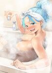  1girl aqua_(konosuba) arm_rest bathing bathtub blush breasts choko_(cup) completely_nude contemporary cup drunk forehead hair_bun highres holding holding_cup indoors izawa_(bhive003) kono_subarashii_sekai_ni_shukufuku_wo! large_breasts looking_at_viewer looking_to_the_side nose_blush nude partially_submerged refraction revision single_hair_bun sitting solo steam tokkuri water white_towel 