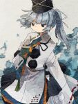  1girl black_headwear blunt_bangs commentary grey_eyes grey_hair hat japanese_clothes kariginu long_hair long_sleeves mononobe_no_futo pom_pom_(clothes) ponytail retrochaossan ribbon-trimmed_sleeves ribbon_trim solo tate_eboshi touhou 