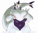 2022 5_fingers anthro areola belly big_breasts blush bodily_fluids breasts camel_toe chromatic_aberration covering covering_breasts female fingers generation_2_pokemon genitals hi_res holding_breast huge_breasts huge_thighs lc79510455 legendary_pokemon lugia mostly_nude nintendo overweight overweight_female pink_areola pokemon pokemon_(species) pussy simple_background solo sweat sweatdrop thick_thighs white_body