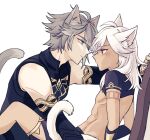  2boys ahoge alhaitham_(genshin_impact) animal_ear_fluff animal_ears black_gloves black_shirt black_shorts blush cat_boy cat_ears cat_tail chest_jewel closed_mouth commentary_request crop_top cyno_(genshin_impact) dark-skinned_male dark_skin elbow_gloves expressionless eye_contact gem genshin_impact gloves gold_trim green_eyes green_gemstone grey_hair highres imminent_kiss korean_commentary long_hair looking_at_another male_focus multiple_boys parted_bangs profile red_eyes resso_(resso_oo) shirt short_hair short_sleeves shorts sidelocks simple_background sitting sleeveless sleeveless_shirt swept_bangs tail white_background white_hair yaoi 