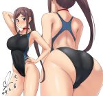  1girl armpits ass back back_focus black_one-piece_swimsuit blue_eyes borrowed_character breasts brown_hair choker commentary_request commission competition_swimsuit contrapposto covered_navel cowboy_shot dated hand_on_own_hip highleg highleg_swimsuit highres large_breasts long_hair multiple_views one-piece_swimsuit original pixiv_commission ponytail presenting_armpit racerback red_choker signature simple_background standing swimsuit white_background yoo_tenchi 