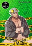  1boy abs absurdres bara bottomless caution_tape cover cover_page cowboy_shot cuffs doujin_cover facial_hair grey_hair handcuffs headphones highres iwai_munehisa jacket large_pectorals long_sideburns looking_at_viewer lupin_barnabi male_focus mature_male multiple_boys muscular muscular_male mustache_stubble naked_jacket navel paid_reward_available pectoral_cleavage pectorals persona pubic_stubble seductive_smile short_hair sideburns smile solo sparse_stubble stubble thick_eyebrows thick_thighs thighs 