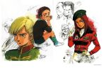  1980s_(style) 1girl 5boys alfred_izuruha beret bernard_wiseman blonde_hair child christina_mackenzie earth_federation gabriel_garcia gundam gundam_0080 hat jacket looking_at_viewer looking_to_the_side mikhail_kaminsky mikimoto_haruhiko military_uniform multiple_boys production_art retro_artstyle salute scarf shorts signature sitting sketch steiner_hardy uniform zeon 