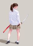  1girl black_footwear brown_eyes brown_hair decodu full_body highres holding holding_sword holding_weapon katana long_sleeves looking_back original plaid plaid_skirt ponytail shadow sheath sheathed shirt simple_background skirt socks standing sword weapon white_shirt white_socks 