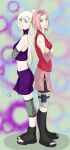  2girls absurdres bike_shorts blonde_hair crossed_arms fishnet_sleeves fishnets forehead_protector green_eyes hair_over_one_eye haruno_sakura highres invisiblexchild konohagakure_symbol multiple_girls naruto naruto_(series) ninja pink_hair ponytail toeless_footwear yamanaka_ino 