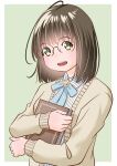  1girl blue_bow book bow cardigan collared_shirt from_side glasses head_tilt holding holding_book looking_at_viewer open_cardigan open_clothes open_mouth original shirt smile striped_clothes striped_shirt yamanaka_kouji_(yanchiki2001) 