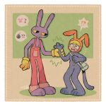 anthro clothed clothing duo female glitch_productions gloves handwear human jax_(the_amazing_digital_circus) karin_apple25 lagomorph leporid male mammal popee_the_performer rabbit the_amazing_digital_circus