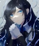  1girl ado_(utaite) black_bow black_bowtie black_coat black_hair blue_eyes blue_flower blue_rose bow bowtie chando_(ado) cloud_nine_inc coat collared_shirt commentary_request confetti dated flower flower_brooch gloves happy_birthday interlocked_fingers long_hair long_sleeves looking_at_viewer no_mole own_hands_together parted_lips rose shirt shouzai_(ooo1007ooo) solo twitter_username upper_body utaite white_gloves white_shirt 