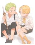  2boys aged_down annoyed ascot bandage_on_face bandage_on_knee bandage_on_leg bandages bandaid bandaid_on_face bandaid_on_forehead black_hakama black_socks blonde_hair blue_eyes blush commentary cropped_legs curly_eyebrows cuts frills full_body green_eyes green_hair hair_over_one_eye hakama hakama_skirt hand_on_another&#039;s_cheek hand_on_another&#039;s_face highres holding holding_weapon injury japanese_clothes knees_up lily-summer-0607 long_bangs long_sleeves male_focus multiple_boys nervous_smile one_piece roronoa_zoro sanji_(one_piece) short_hair simple_background sitting skirt smile socks sword weapon white_background wooden_sword yellow_ascot yellow_socks 
