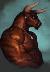 2024 abs anthro beard biceps bovid bovine cattle chest_tuft clothed clothing deltoids dog_tags dog_tags_only ear_piercing eyebrow_piercing facial_hair facial_piercing glowing glowing_eyes hi_res jewelry looking_at_viewer male mammal manly movd muscular necklace necklace_only nude pecs piercing side_view simple_background snaggle_tooth solo topless triceps tuft