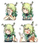  1girl antlers blue_dress breasts capelet ceres_fauna ceres_fauna_(1st_costume) chibi chibi_only commentary ddolbang dress empty_eyes english_commentary expressions flower gradient_hair green_hair grin hair_flower hair_ornament highres hololive hololive_english horns large_breasts long_hair mole mole_under_eye multicolored_hair multiple_views puff_of_air simple_background smile upper_body virtual_youtuber white_background white_capelet yellow_eyes 