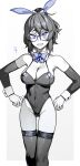  1girl absurdres animal_ears blue-framed_eyewear blue_bow blue_bowtie bow bowtie breasts cleavage covered_navel fake_animal_ears genderswap genderswap_(mtf) glasses greyscale hairband highres kushizaki_(vtuber) large_breasts leotard mole mole_on_breast mole_on_thigh monochrome open_mouth original playboy_bunny rabbit_ears smile solo st_(youx1119) thighhighs wrist_cuffs 