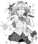  1boy ;d alternate_costume astolfo_(fate) bow bowtie braid cowboy_shot fang fate/apocrypha fate_(series) greyscale hair_bow hanabana_tsubomi holding holding_microphone homurahara_academy_school_uniform long_hair looking_at_viewer microphone monochrome multiple_hair_bows music musical_note one_eye_closed open_mouth otoko_no_ko school_uniform short_sleeves simple_background singing skin_fang skirt smile solo v vest 