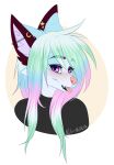 2018 alpha_channel alternative_fashion anthro black_clothing black_shirt black_topwear blue_body blue_fur blue_hair bust_portrait canid canine clothing countershading crescent_moon ear_piercing ei-ka eyelashes female fur hair industrial_piercing lips mammal moon multicolored_hair pastel piercing pink_eyes pink_hair portrait rainy_(sparklyrain) scene_(fashion) scene_haircut shirt signature simple_background solo star teal_hair tongue tongue_out topwear transparent_background