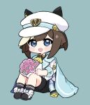  1girl :d animal_ears black_shirt black_shorts black_socks blue_background blue_cape blue_eyes blush_stickers bouquet brown_hair cape cheval_grand_(umamusume) chibi chibi_only collared_shirt commentary_request ears_through_headwear flower full_body hair_between_eyes hat highres horse_ears jacket knees_up looking_at_viewer multicolored_hair nozo_(hitomiz) peaked_cap pink_flower pink_rose rose shirt shoes shorts simple_background sitting smile socks solo two-tone_hair umamusume white_footwear white_hair white_headwear white_jacket 