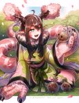 artist_name asian_clothing big_hands blue_eyes breasts brown_hair cherry_blossom clawed_fingers clothing clothing_bow commissioner_name cute_fangs dragon dress east_asian_clothing eastern_dragon female floral_print fur_trim grass green_clothing green_dress hair hi_res hogara humanoid humanoid_pointy_ears japanese_clothing kimono light_body light_skin long_tail mythological_creature mythological_scalie mythology obi obijime open_mouth outside pink_body pink_scales plant plant_horn pseudo_horn ruff scales scalie signature sitting solo tail text