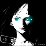  1girl aboude_art black_background blue_eyes close-up closed_mouth collared_shirt facing_viewer floating_hair greyscale instagram_logo instagram_username limited_palette long_hair looking_at_viewer monochrome nico_robin one_piece partially_colored portrait shirt sidelighting signature simple_background solo 