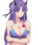  1girl :| arknights arm_under_breasts bikini black_bow blue_bikini blush bow breasts cleavage closed_mouth collarbone edelritter flower front-tie_bikini_top front-tie_top hair_bow hibiscus hibiscus_(arknights) hibiscus_the_purifier_(arknights) highres horns large_breasts long_hair looking_at_viewer parted_bangs pointy_ears purple_eyes purple_hair red_flower sidelocks simple_background solo straight_hair string_bikini swimsuit upper_body white_background 