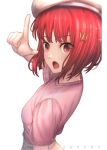  1girl absurdres arima_kana beret bob_cut hat highres inverted_bob looking_at_viewer open_mouth oshi_no_ko pink_shirt ra_torens red_eyes red_hair shirt short_hair simple_background solo upper_body white_background 
