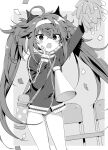  1girl ahoge alternate_costume arm_up bare_legs blush buruma chair fake_horns fate/grand_order fate_(series) feet_out_of_frame greyscale hairband hanabana_tsubomi holding holding_pom_poms horns jacket long_hair long_sleeves megaphone monochrome open_mouth pom_pom_(cheerleading) school_chair shouting sita_(fate) solo thermos track_jacket twintails 