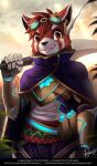 2018 ailurid anthro armor bottomwear brown_eyes clothed clothing digital_media_(artwork) fingers front_view fur glistening glistening_eyes grin hair holding_object holding_weapon looking_at_viewer male mammal outside pants penguinexperience purple_bottomwear purple_clothing purple_pants purple_topwear red_body red_fur red_hair red_panda signature smile solo sy_freedom topwear weapon white_body white_clothing white_fur white_topwear