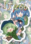  2girls ability_card_(touhou) backpack bag black_pants blue_eyes blue_hair boots camouflage camouflage_dress camouflage_headwear camouflage_jacket camouflage_shirt camouflage_skirt card chibi flat_cap front_ponytail green_bag green_eyes green_hair green_headwear green_shirt green_skirt hair_bobbles hair_ornament hat highres holding holding_card jacket jewelry kawashiro_nitori key key_necklace multiple_girls necklace open_mouth pants rubber_boots shirt skirt tamagogayu1998 tokin_hat touhou two_side_up wrench yamashiro_takane 
