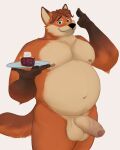 2024 absurd_res anthro balls belly black_nose canid canine disney food fox genitals gideon_grey hi_res male mammal moobs mosin navel nipples overweight overweight_male pastry penis pie simple_background solo zootopia