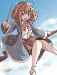  1girl asuka_(pixiv82529874) blue_coat blue_sky blush bow bowtie breasts broom broom_riding brown_eyes brown_hair brown_skirt cloud coat flying highres holding holding_wand light_particles looking_at_viewer magical_girl medium_hair open_mouth original pink_bow pink_bowtie sandals shirt signature skirt sky small_breasts solo wand white_shirt wizard 