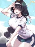  1girl arm_up black_hair black_shorts blue_archive blurry blush bokeh braid breasts commentary_request depth_of_field eyes_visible_through_hair gym_shorts gym_uniform hair_over_one_eye halo headband highres hinata_(blue_archive) komena_(shinyday312) large_breasts long_hair looking_at_viewer low-braided_long_hair low-tied_long_hair open_mouth outdoors red_eyes shirt short_shorts short_sleeves shorts single_braid smile solo sweat trinity_general_school_logo white_headband white_shirt winged_halo yellow_halo 