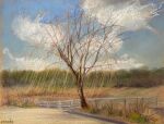  artist_name bare_tree blue_sky bridge cloud cloudy_sky fence fern grass highres no_humans norako_pastel original painting_(medium) path plant signature sky traditional_media tree wooden_fence 