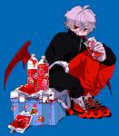  1boy bandaid bandaid_on_cheek bandaid_on_face bat_wings black_jacket blood blood_bag blue_background cooler cup drinking_blood drinking_straw drinking_straw_in_mouth ear_piercing full_body highres holding holding_cup holding_syringe jacket kuzuha_(nijisanji) low_wings nasi_w2 nijisanji pants piercing plastic_bottle red_eyes red_footwear red_pants red_wings shoes short_hair simple_background sneakers solo squatting sticker syringe vampire white_hair wings zipper 