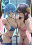  2girls aqua_(konosuba) black_hair blue_bra blue_hair blue_panties blue_theme blush bra breast_press breasts cleavage closed_mouth hair_ribbon hair_rings hand_up highres indoors izawa_(bhive003) large_breasts long_hair looking_at_viewer medium_breasts multiple_girls navel night panties pink_bra pink_panties pink_thighhighs red_eyes red_ribbon ribbon single_hair_ring smile standing thighhighs tongue tongue_out underwear underwear_only very_long_hair yunyun_(konosuba) 