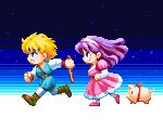  1boy 1girl animal belt blonde_hair blue_headband blue_tunic boots bow dress enix full_body gaia_gensouki hair_between_eyes hairband hamlet_(gaia_gensouki) headband karen_(gaia_gensouki) pig pink_dress pink_hairband pixel_art pixelflag princess profile red_bow running shirt skirt tem_(gaia_gensouki) white_sleeves 