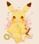  brown_eyes commentary_request covering_own_mouth flower heart holding holding_flower looking_at_viewer no_humans petals pikachu pink_flower pokemon pokemon_(creature) solo ushiina white_background 