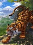  animal animal_focus bearluxe blue_sky cherry_blossoms chinese_zodiac claws cloud fangs forest highres mount_fuji mountainous_horizon multiple_tails nature no_humans open_mouth orange_eyes original signature sky solo tail tiger tiger_stripes whiskers year_of_the_tiger 
