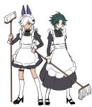  2boys ahoge alternate_costume animal_ears apron aqua_hair back_bow black_dress black_footwear bow broom closed_mouth collared_dress commentary_request crossdressing cyno_(genshin_impact) dark-skinned_male dark_skin dress enmaided fake_animal_ears forehead frilled_apron frills genshin_impact green_hair hair_over_one_eye hand_on_own_hip high_heels highres holding holding_broom holding_mop jackal_ears juliet_sleeves kneehighs korean_commentary long_hair long_sleeves looking_at_viewer maid maid_apron maid_headdress male_focus medium_hair mop multicolored_hair multiple_boys one_eye_covered parted_bangs pleated_dress puffy_sleeves red_eyes resso_(resso_oo) serious shoes short_dress simple_background sleeve_cuffs socks standing streaked_hair swept_bangs thigh_strap white_apron white_background white_bow white_hair white_socks xiao_(genshin_impact) yellow_eyes 