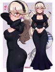  1girl absurdres adjusting_hair alternate_costume arms_up ass black_dress breasts cleavage corrin_(female)_(fire_emblem) corrin_(fire_emblem) dragon_tail dress earrings eyelashes fire_emblem fire_emblem_fates grey_hair hairband heart highres jewelry light_blush long_dress long_hair looking_at_viewer medium_breasts own_hands_together paid_reward_available pointy_ears red_eyes sarukaiwolf smile solo tail tight_clothes tight_dress 