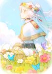  1girl belt blue_butterfly blue_sky bug butterfly capelet closed_mouth cloud commentary day dress earrings elf floating_hair flower frieren grass green_eyes highres jewelry long_hair long_sleeves malfuncio on_ground outdoors pink_flower pointy_ears profile purple_butterfly red_flower ring sitting sky solo sousou_no_frieren twintails wedding_ring white_capelet white_dress white_flower white_hair yellow_flower 