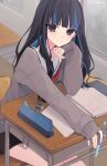  1388chan 1girl black_hair blue_hair colored_inner_hair desk eraser fate/grand_order fate_(series) grey_eyes hand_on_own_face highres long_hair looking_at_viewer multicolored_hair notebook pencil pencil_case school_desk school_uniform sitting solo tenochtitlan_(fate) two-tone_hair window 