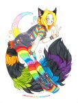 2021 :3 anthro beaded_bracelet black_body black_ears black_fur black_overalls blonde_hair blue_eyes boots clothed clothing colored_pencil_(artwork) colorful crescent_moon domestic_cat ear_piercing felid feline felis female female_anthro fluffy fluffy_tail footwear fungus fur gesture glamfur hair hand_gesture kandi_(jewelry) legwear looking_at_viewer mammal marker_(artwork) moko moon multicolored_clothing multicolored_legwear multicolored_shirt multicolored_topwear mushroom nekophoenix overalls piercing pink_inner_ear platform_boots platform_footwear rainbow rainbow_clothing rainbow_leggings rainbow_legwear rainbow_shirt rainbow_topwear raver shirt simple_background solo sparklecat star tail text topwear traditional_media_(artwork) url v_sign white_background white_body white_fur